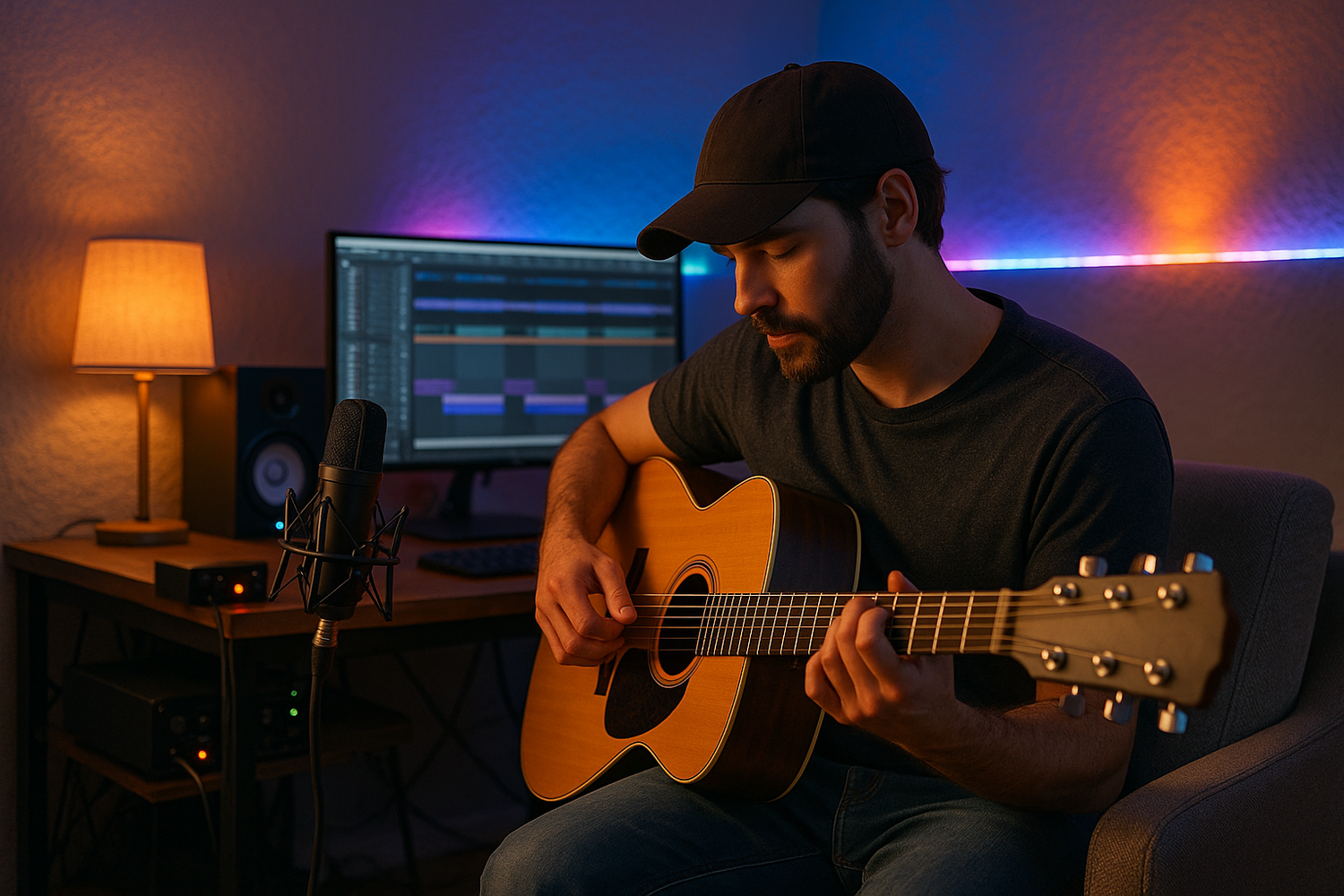 man playing guitar in home studio, led lights ambiance, realistic